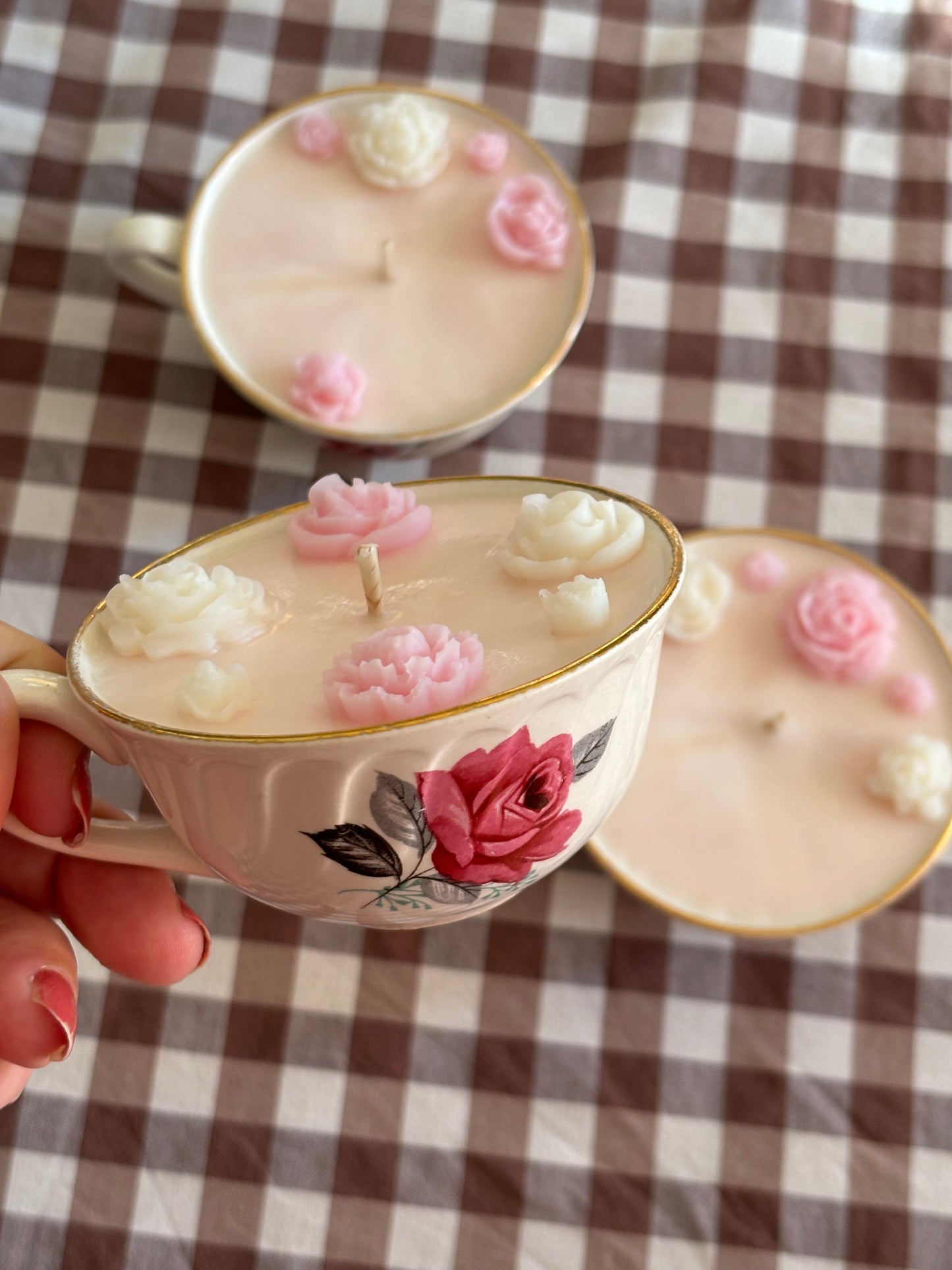 Bougie Parfumée - Tasse de Porcelaine Ancienne Décorée de Roses