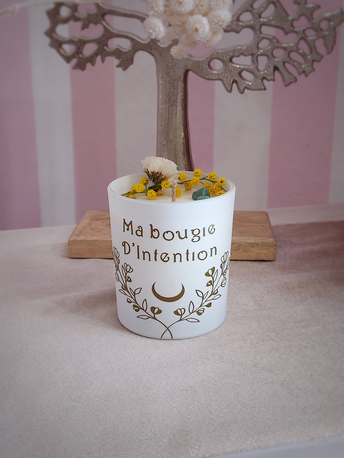 Bougie d'Intention - Amazonite et Mimosa - Parfum Vanille des Iles