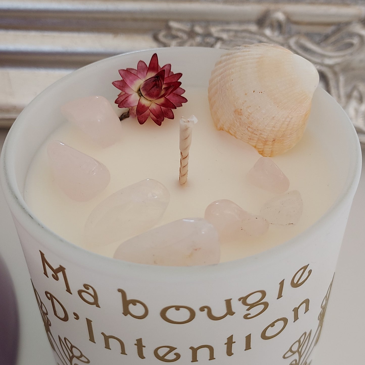 Bougie d'Intention Quartz Rose - coquillage et Fleurs Séchées